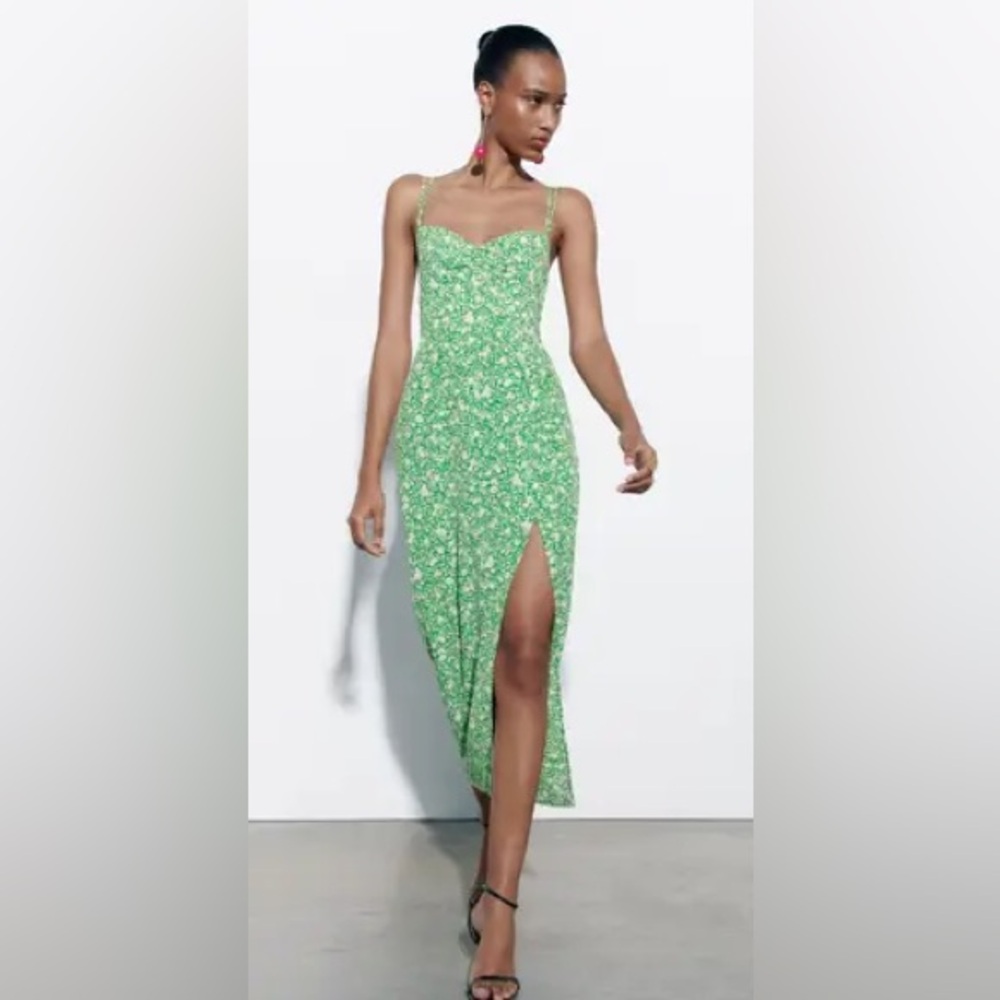 ZARA Kelly Green Micro Floral Pencil Midi Dress